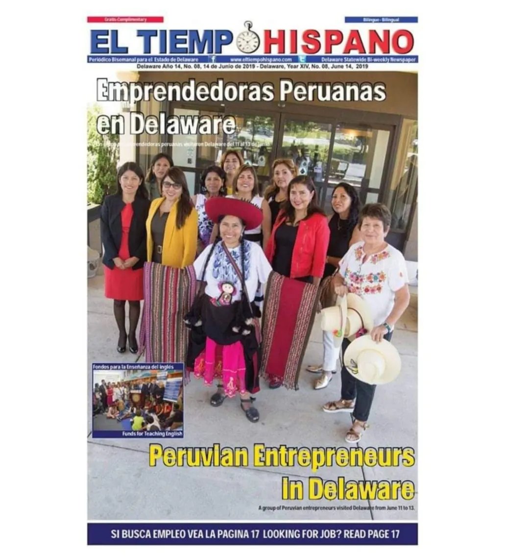 Portada de El Tiempo Hispano con el titular «Emprendedoras Peruanas en Delaware» y una foto de grupo de empresarias